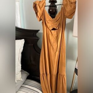 Rust Puff Sleeve Midi Dress